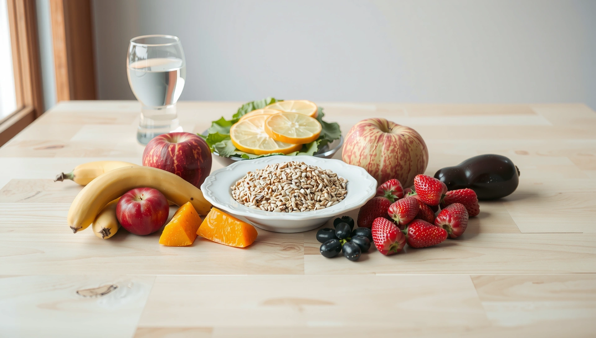 Hintergrundbild einer gesunden Ernährung mit frischem Obst, Gemüse und Müsli